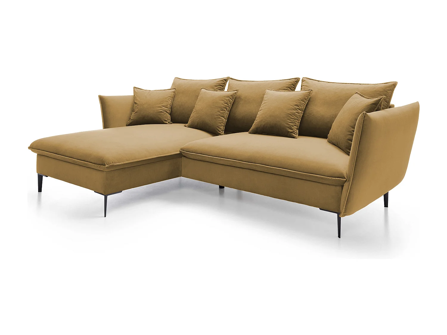 Canapé d'angle GLOSS convertible, ottomane & pieds dorés – canapé en velours style GLOSSour avec coussins déco, 258x167x91 cm, côté gauche LILA