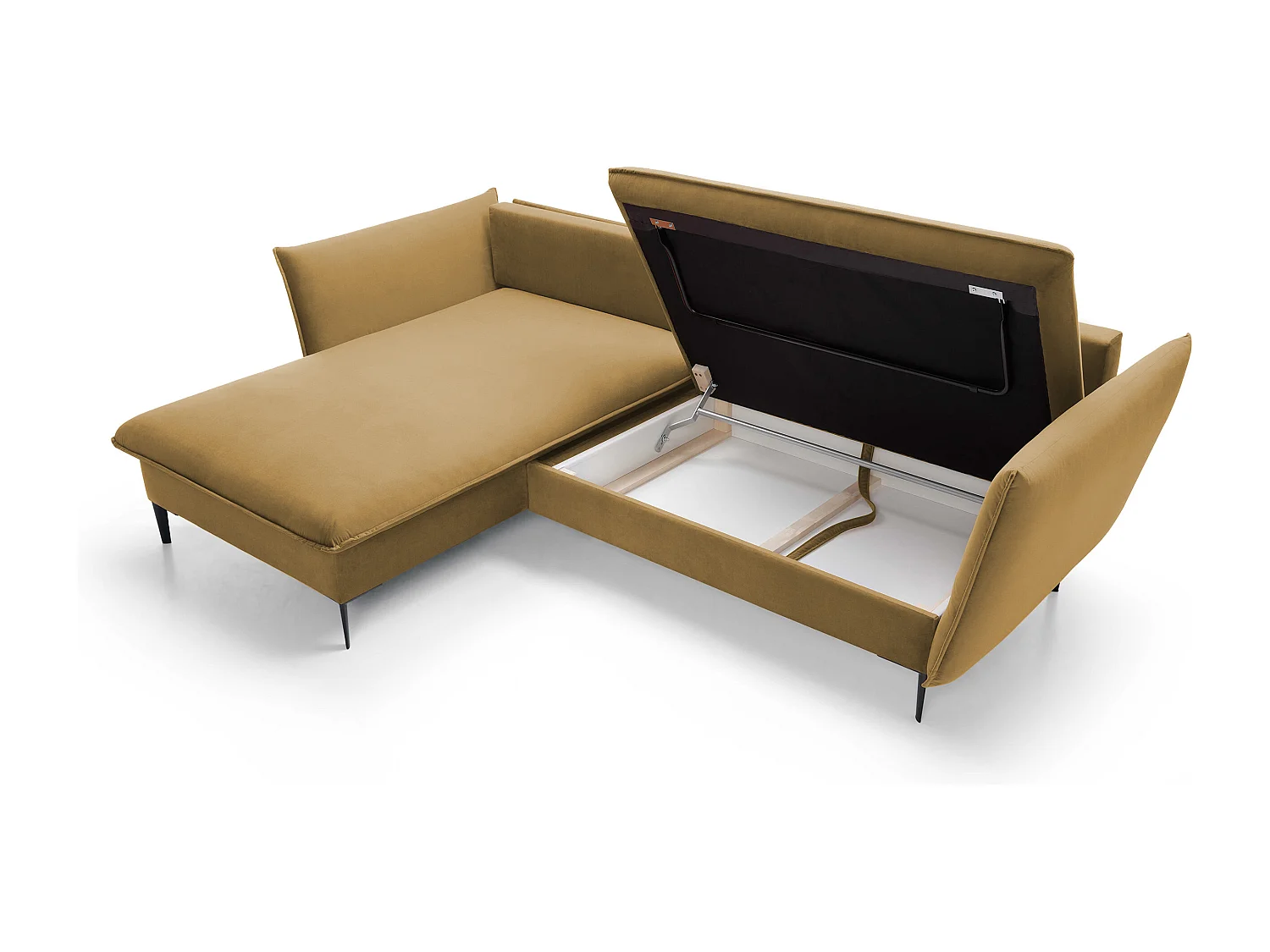 Canapé d'angle GLOSS convertible, ottomane & pieds dorés – canapé en velours style GLOSSour avec coussins déco, 258x167x91 cm, côté gauche LILA