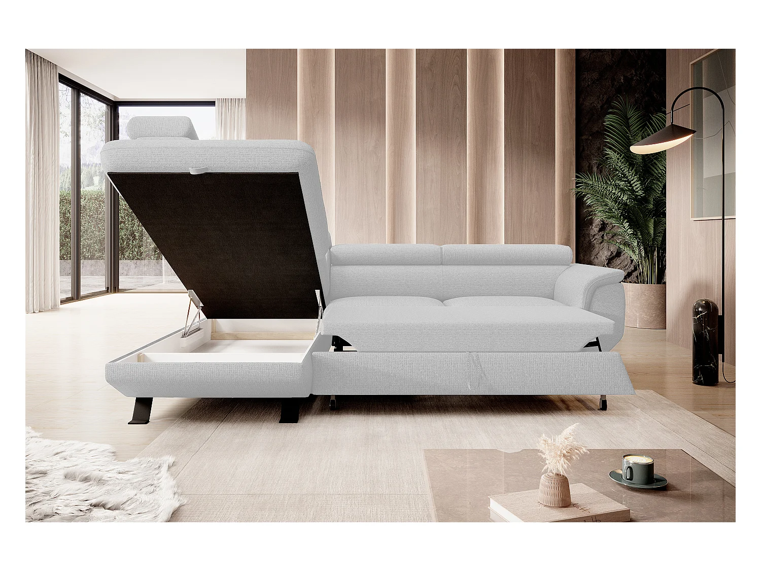 Canapé RAVEN L avec fonction de couchage, compartiment à literie, indépendant, rembourré avec têtières réglables 257x198x96 cm Côté gauche Blanc