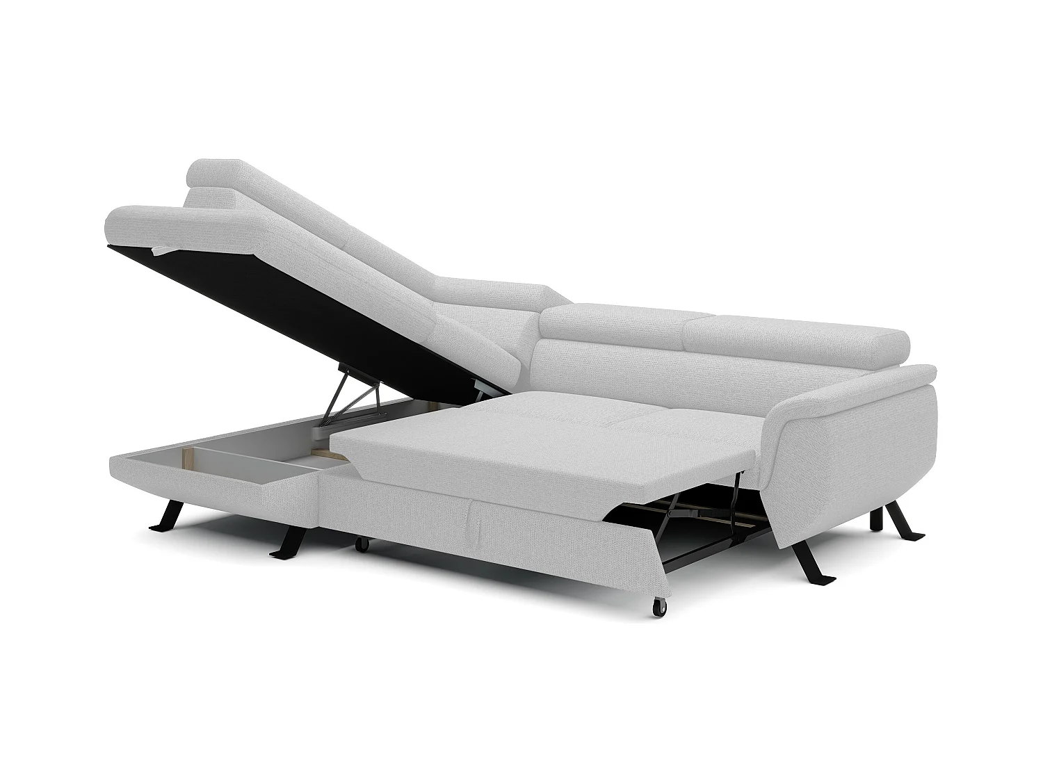 Canapé RAVEN L avec fonction de couchage, compartiment à literie, indépendant, rembourré avec têtières réglables 257x198x96 cm Côté gauche Blanc