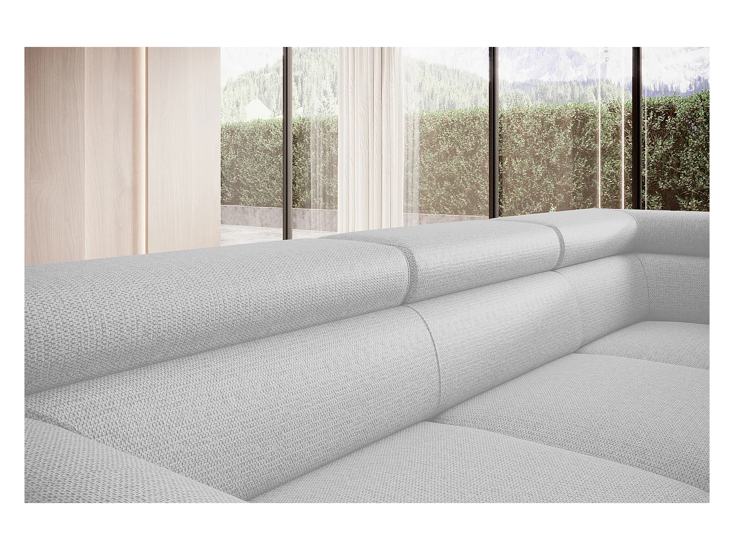 Canapé RAVEN L avec fonction de couchage, compartiment à literie, indépendant, rembourré avec têtières réglables 257x198x96 cm Côté gauche Blanc