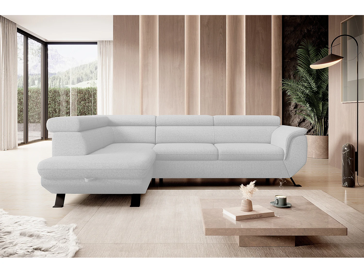 Canapé RAVEN L avec fonction de couchage, compartiment à literie, indépendant, rembourré avec têtières réglables 257x198x96 cm Côté gauche Blanc