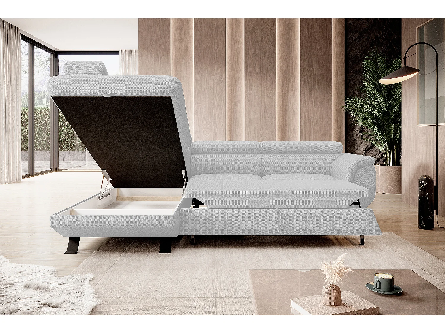 Canapé RAVEN L avec fonction de couchage, compartiment à literie, indépendant, rembourré avec têtières réglables 257x198x96 cm Côté gauche Blanc