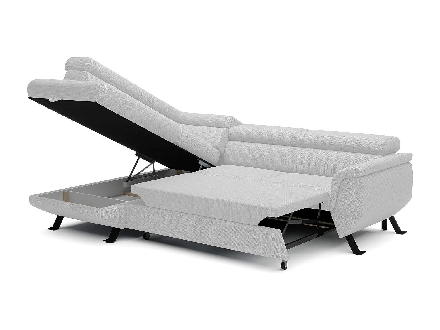 Canapé RAVEN L avec fonction de couchage, compartiment à literie, indépendant, rembourré avec têtières réglables 257x198x96 cm Côté gauche Blanc