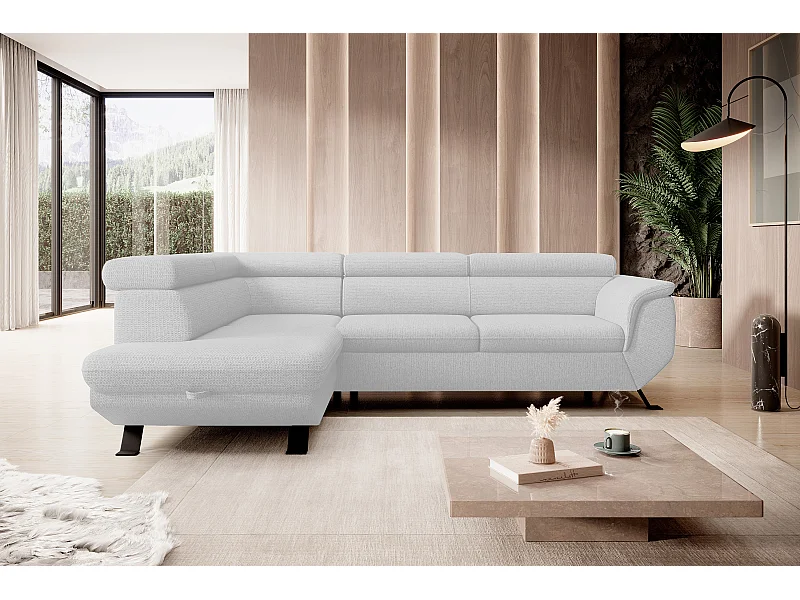 Canapé RAVEN L avec fonction de couchage, compartiment à literie, indépendant, rembourré avec têtières réglables 257x198x96 cm Côté gauche Blanc