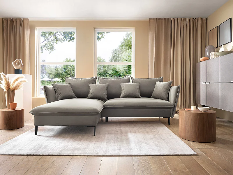 Canapé d'angle GLOSS convertible, ottomane & pieds dorés – canapé en velours style GLOSSour avec coussins déco, 258x167x91 cm, côté gauche VERT