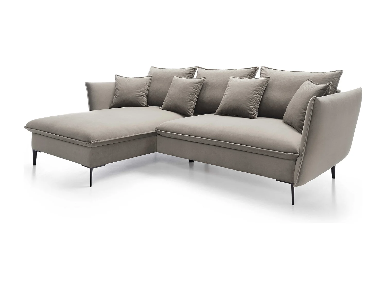 Narożnik GLOSS z funkcją spania, otomana, złote nogi, welur, styl GLOSSour, poduszki, 258x167x91cm, lewa strona zielony