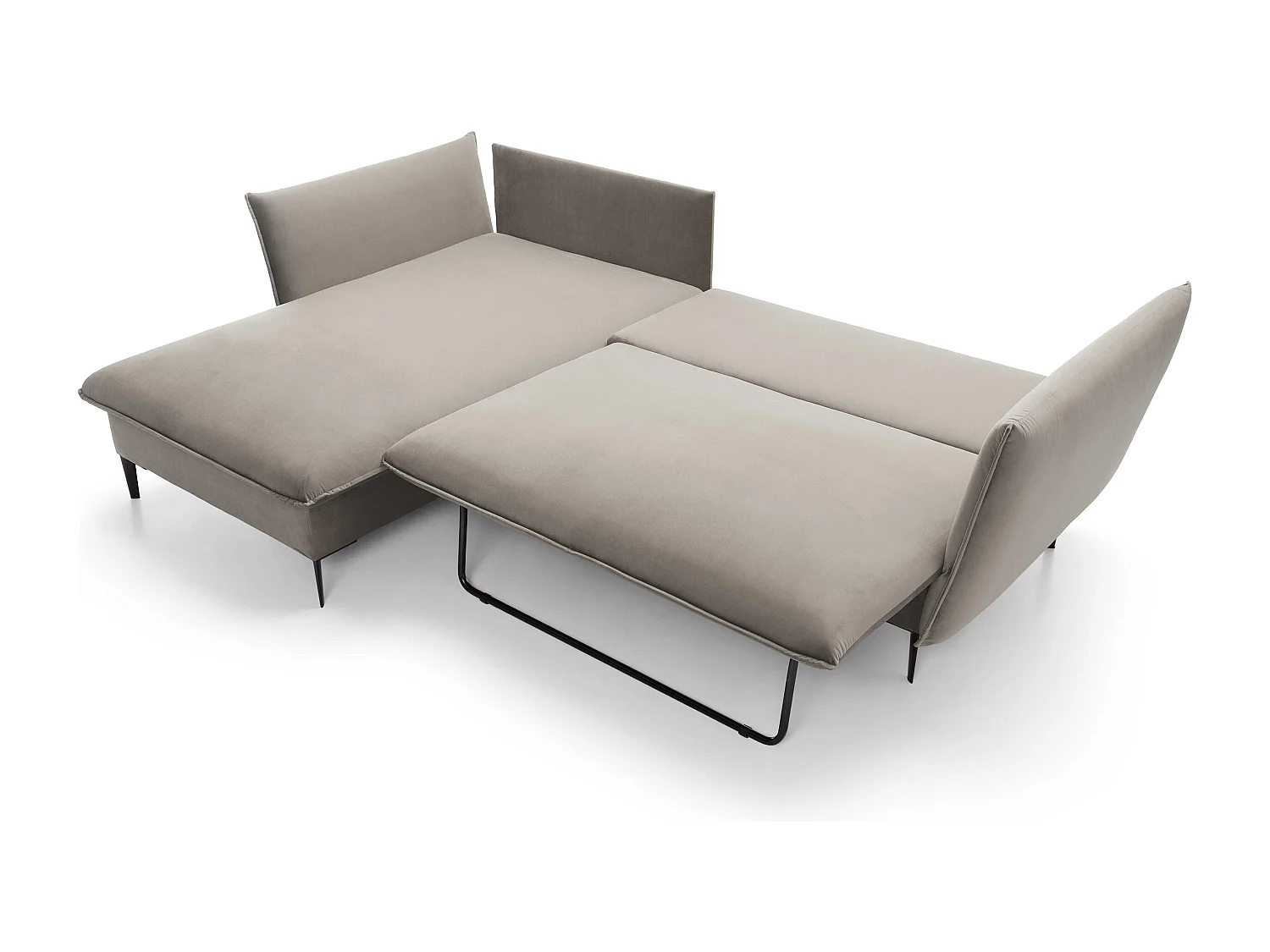 Narożnik GLOSS z funkcją spania, otomana, złote nogi, welur, styl GLOSSour, poduszki, 258x167x91cm, lewa strona zielony