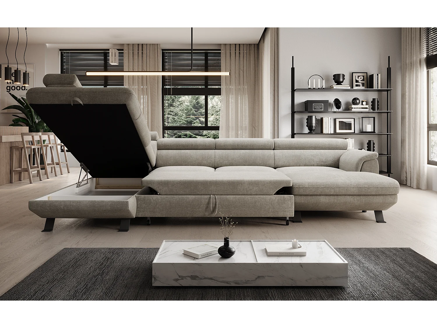 ECKSOFA RAVEN XL Eckcouch mit Schlaffunktion mit Ausziehbett, Verstellbaren Kopfstützen, Bettkasten, Großes Sofa 334x198x162cm Linke Seite Nata