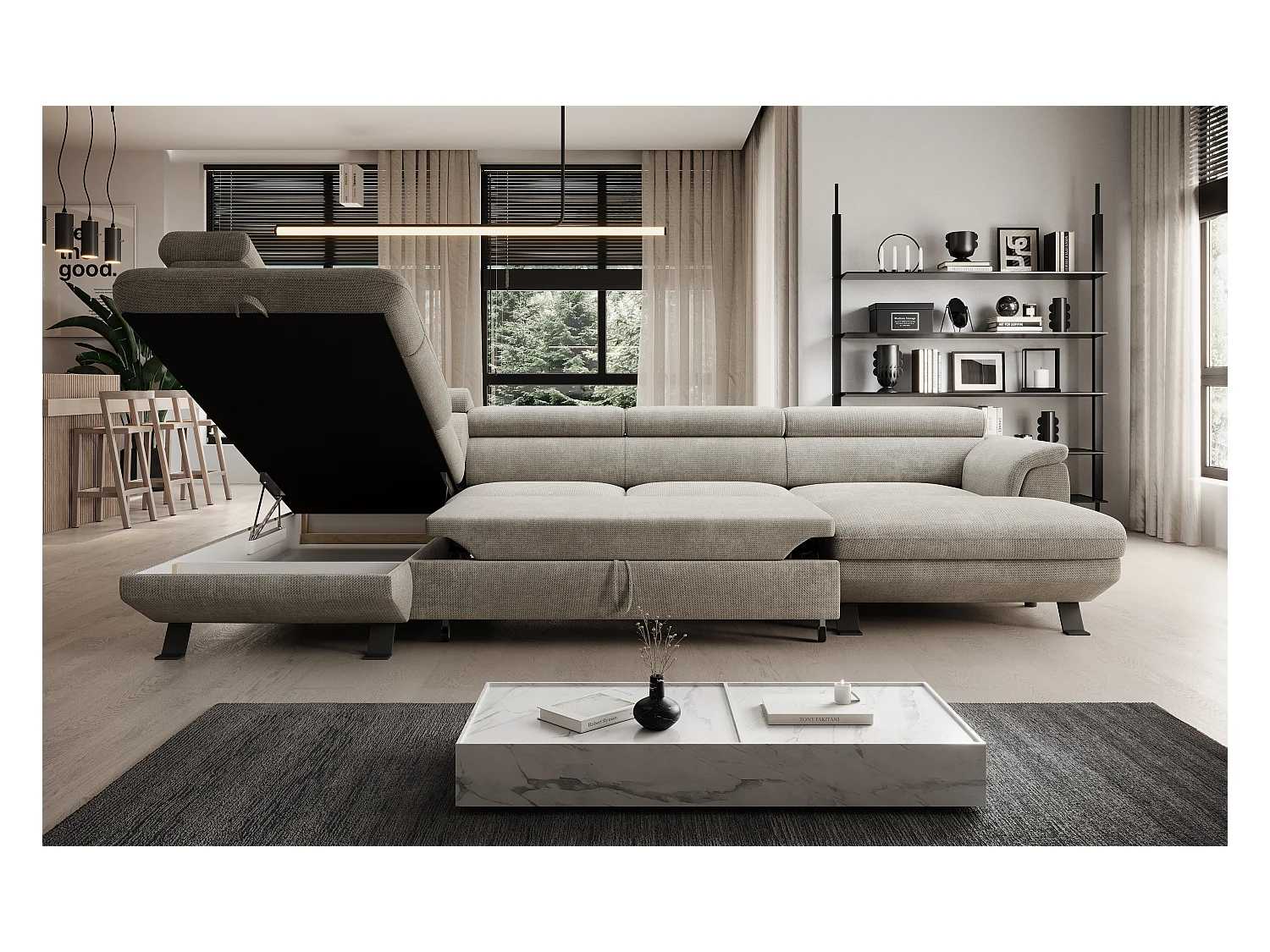 Canapé d'angle RAVEN XL convertible avec tiroir-lit, appuie-têtes réglables, coffre, 334x198x162cm, côté gauche Crème