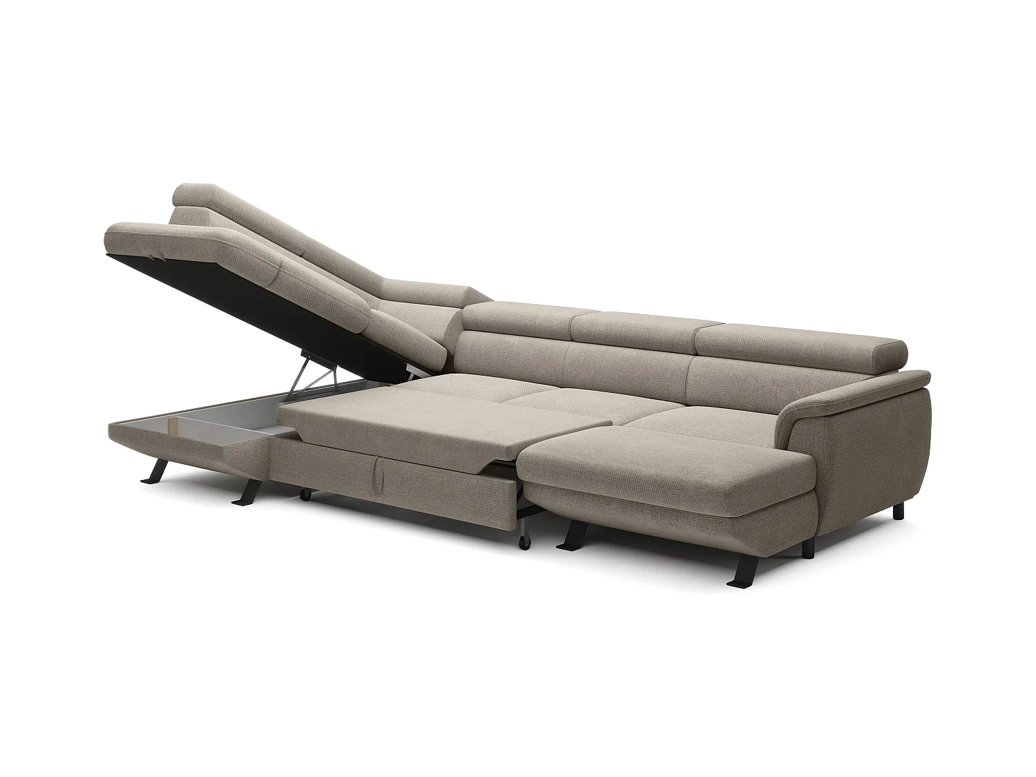 Canapé d'angle RAVEN XL convertible avec tiroir-lit, appuie-têtes réglables, coffre, 334x198x162cm, côté gauche Crème