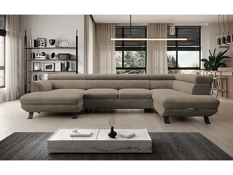 Canapé d'angle RAVEN XL convertible avec tiroir-lit, appuie-têtes réglables, coffre, 334x198x162cm, côté droit Beige