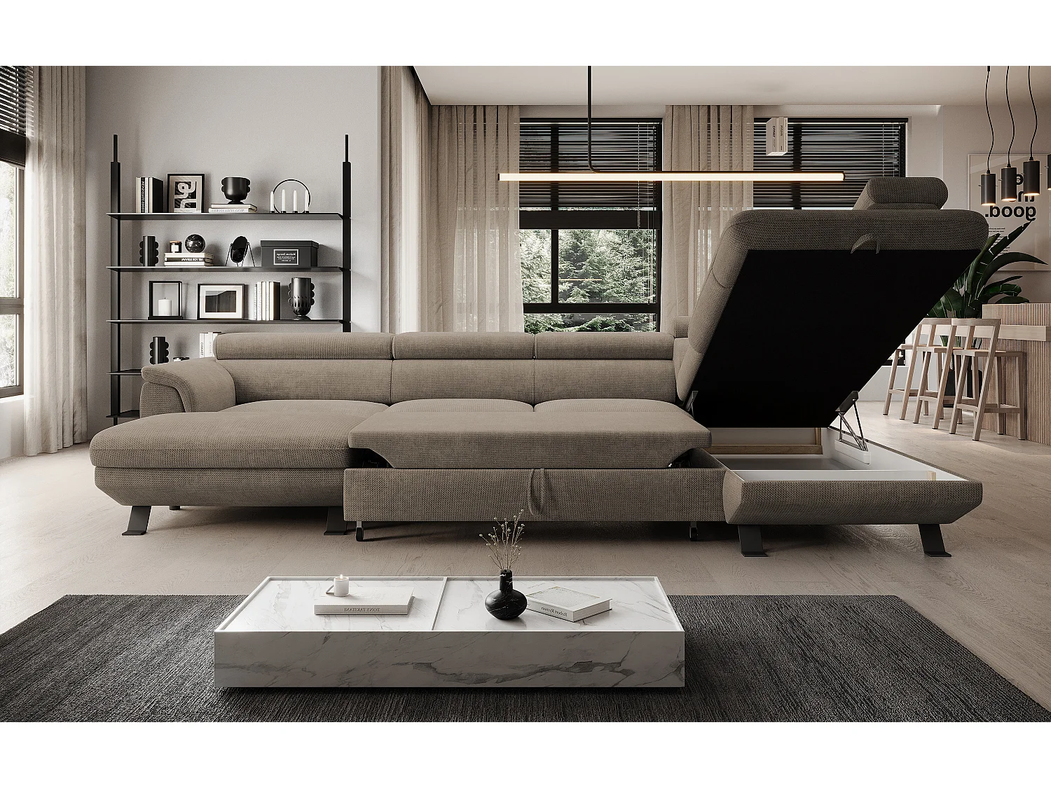 Narożnik RAVEN XL z funkcją spania, wysuwanym łóżkiem, regulowanymi zagłówkami, pojemnikiem, 334x198x162cm, prawy, beżowy