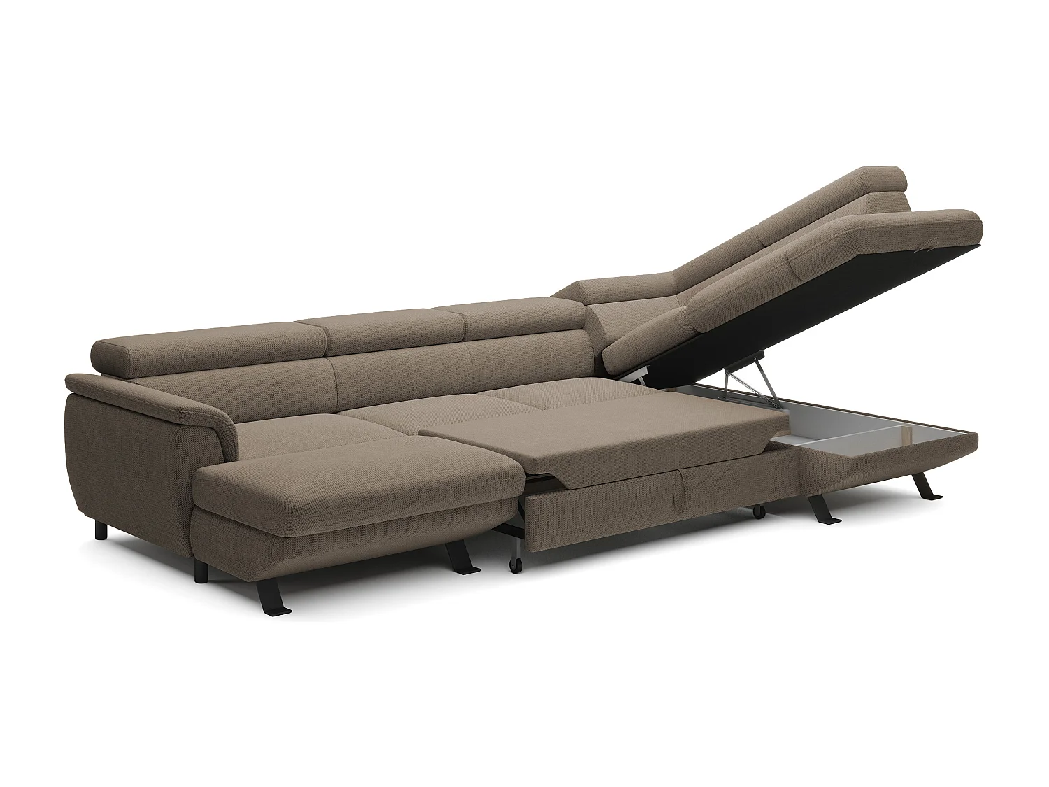 Canapé d'angle RAVEN XL convertible avec tiroir-lit, appuie-têtes réglables, coffre, 334x198x162cm, côté droit Beige