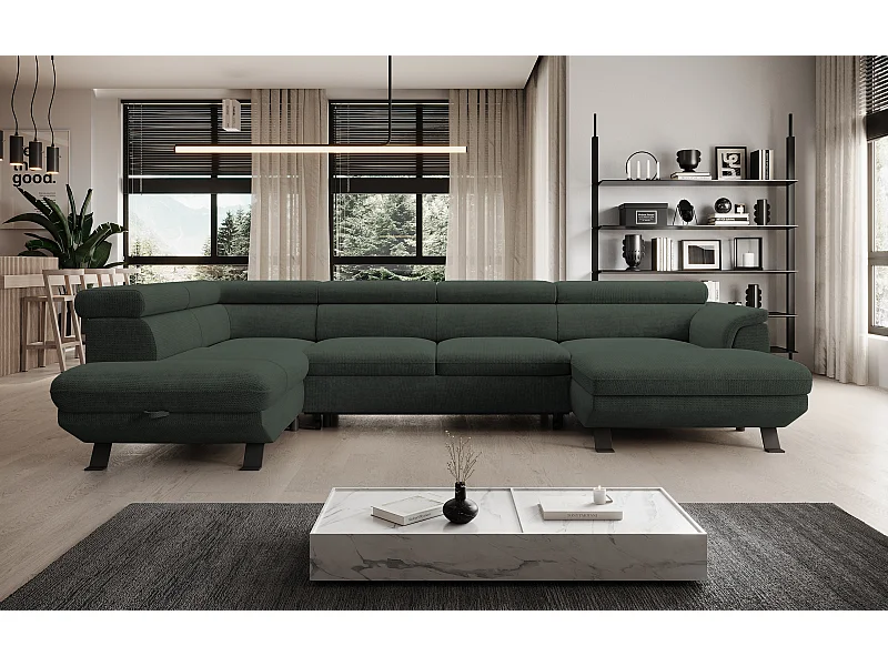 Canapé d'angle RAVEN XL convertible avec tiroir-lit, appuie-têtes réglables, coffre, 334x198x162cm, côté gauche Forêt
