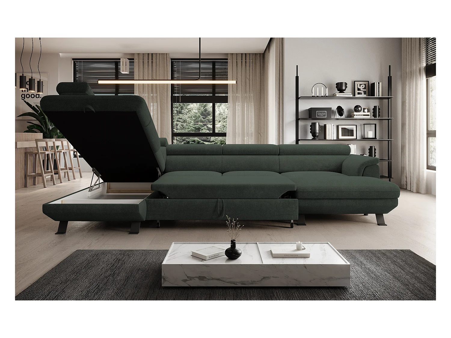 Canapé d'angle RAVEN XL convertible avec tiroir-lit, appuie-têtes réglables, coffre, 334x198x162cm, côté gauche Forêt