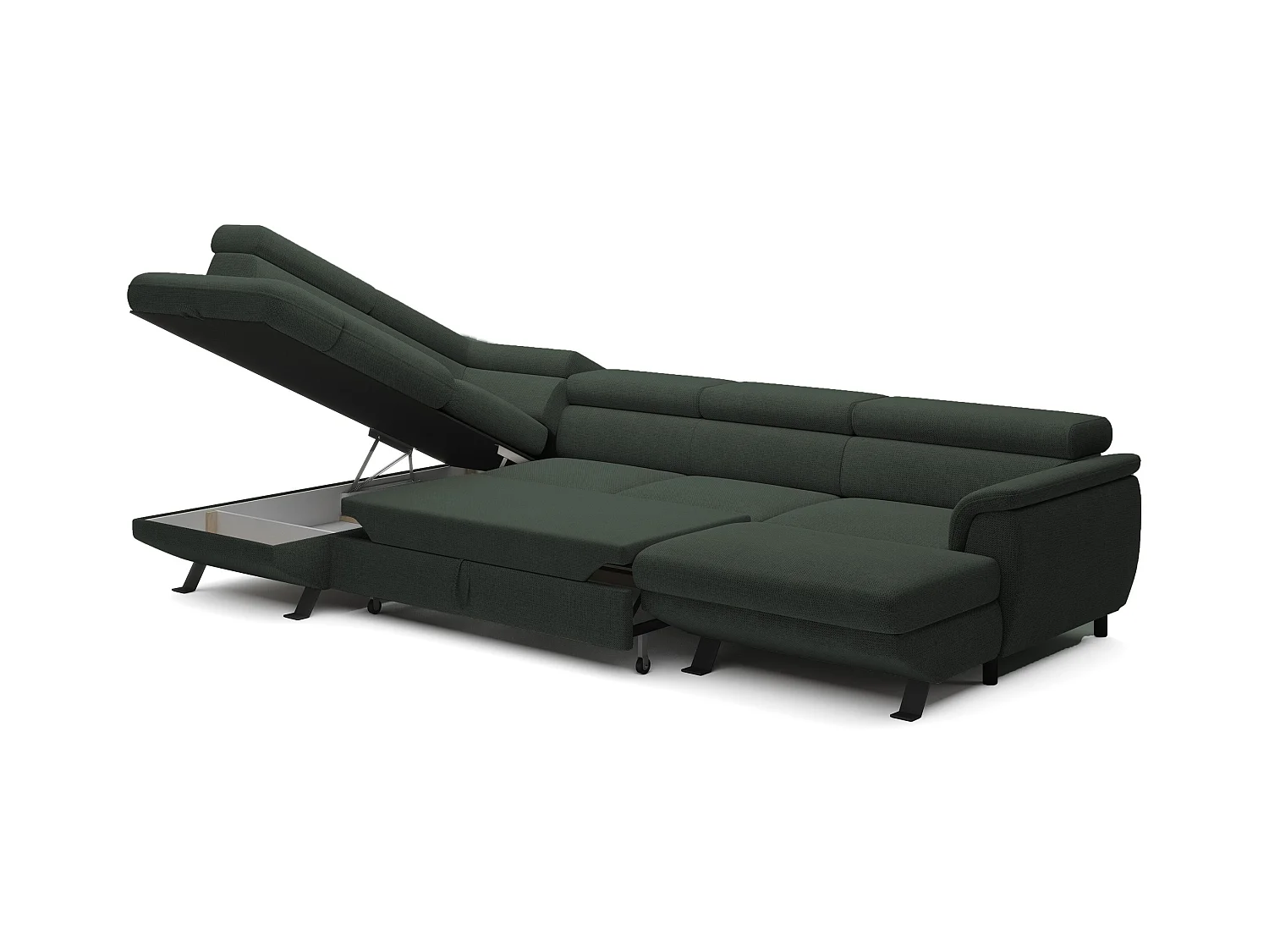 Canapé d'angle RAVEN XL convertible avec tiroir-lit, appuie-têtes réglables, coffre, 334x198x162cm, côté gauche Forêt