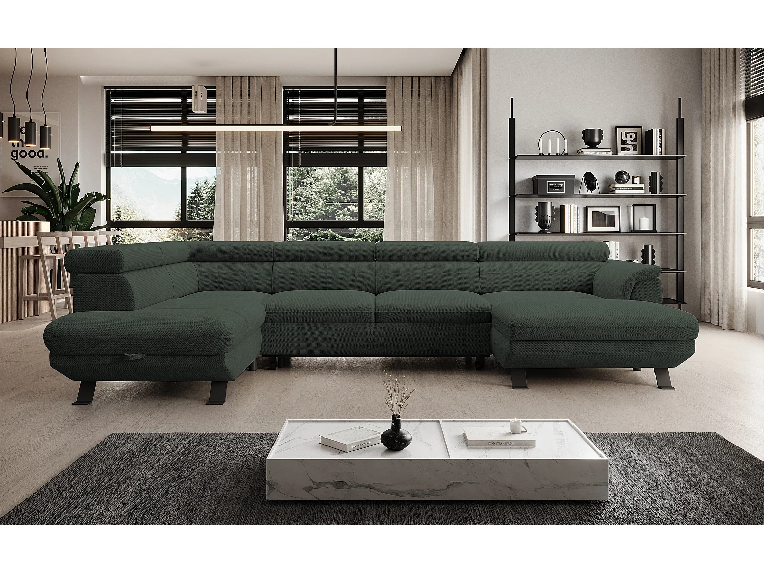 Canapé d'angle RAVEN XL convertible avec tiroir-lit, appuie-têtes réglables, coffre, 334x198x162cm, côté gauche Forêt