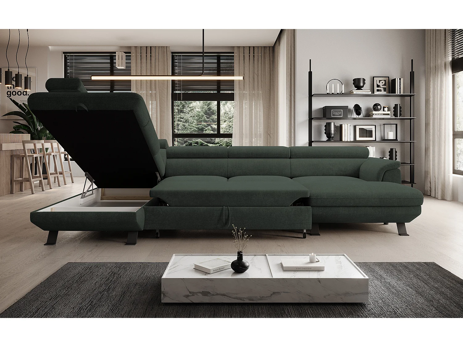 Canapé d'angle RAVEN XL convertible avec tiroir-lit, appuie-têtes réglables, coffre, 334x198x162cm, côté gauche Forêt