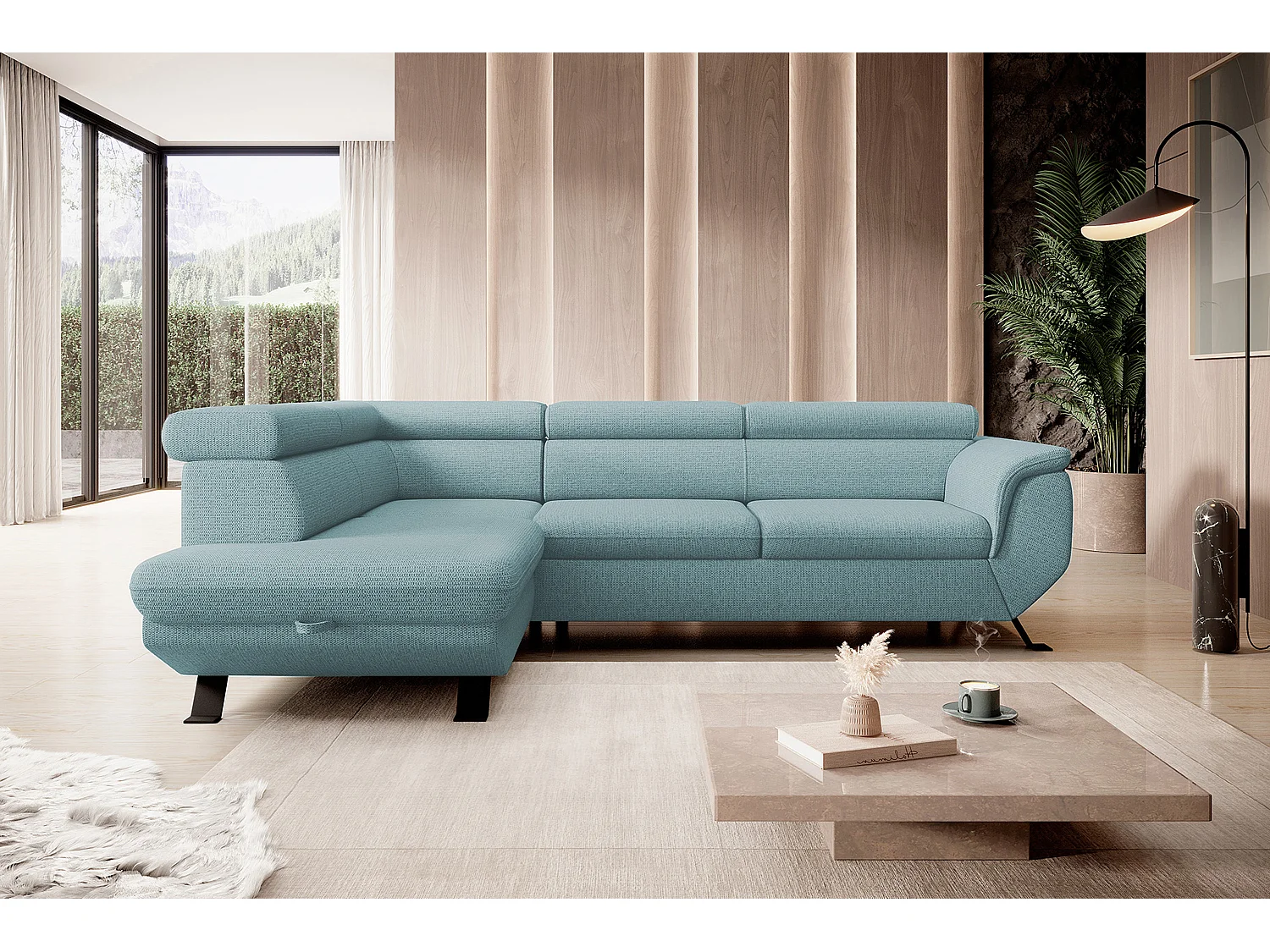 ECKSOFA RAVEN L mit Schlaffunktion und Bettkasten, Freistehend, Polstersofa mit Verstellbaren Kopfstützen, 257x198x96 cm, Linke Seite, Hellblau