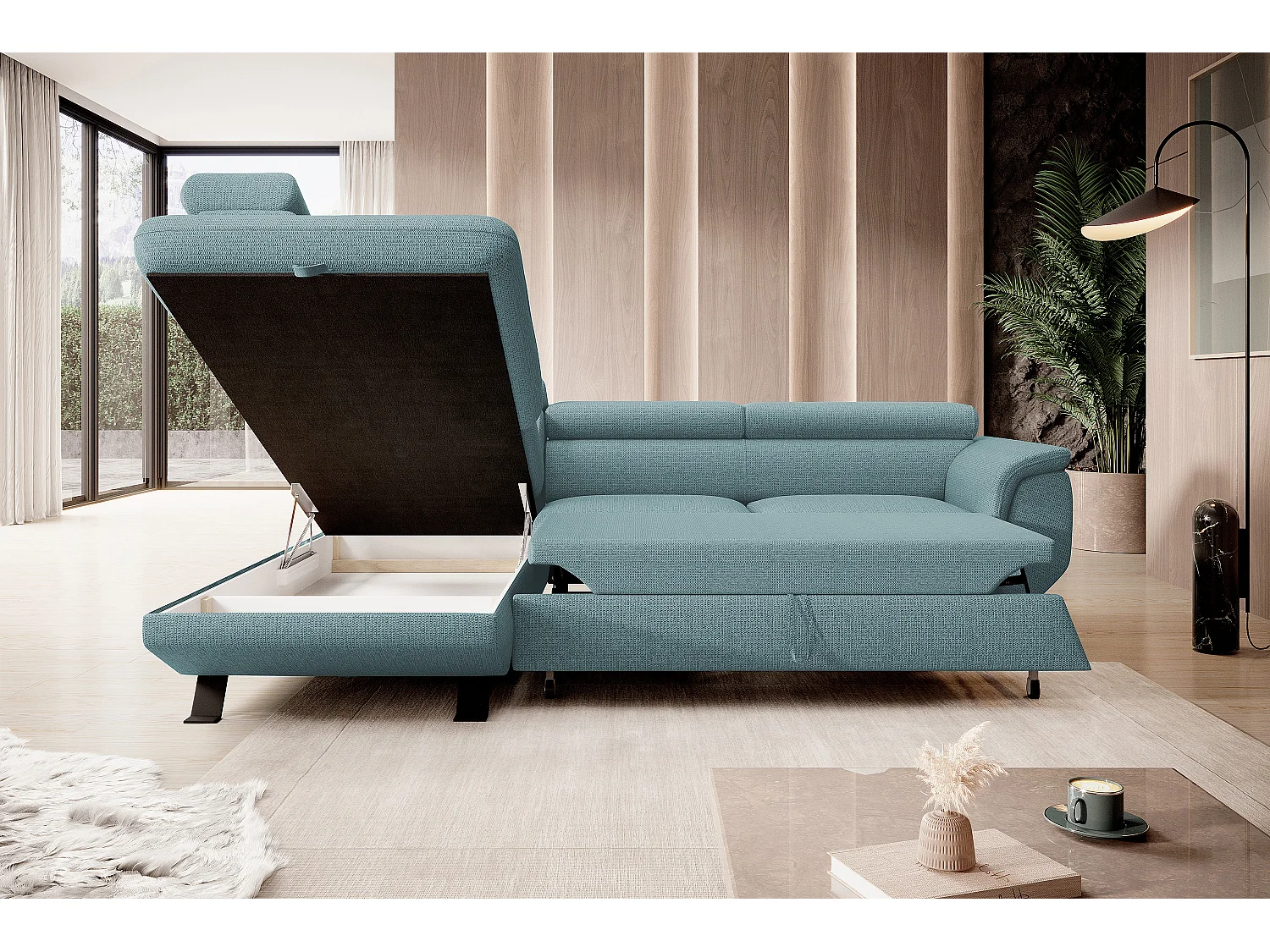 ECKSOFA RAVEN L mit Schlaffunktion und Bettkasten, Freistehend, Polstersofa mit Verstellbaren Kopfstützen, 257x198x96 cm, Linke Seite, Hellblau