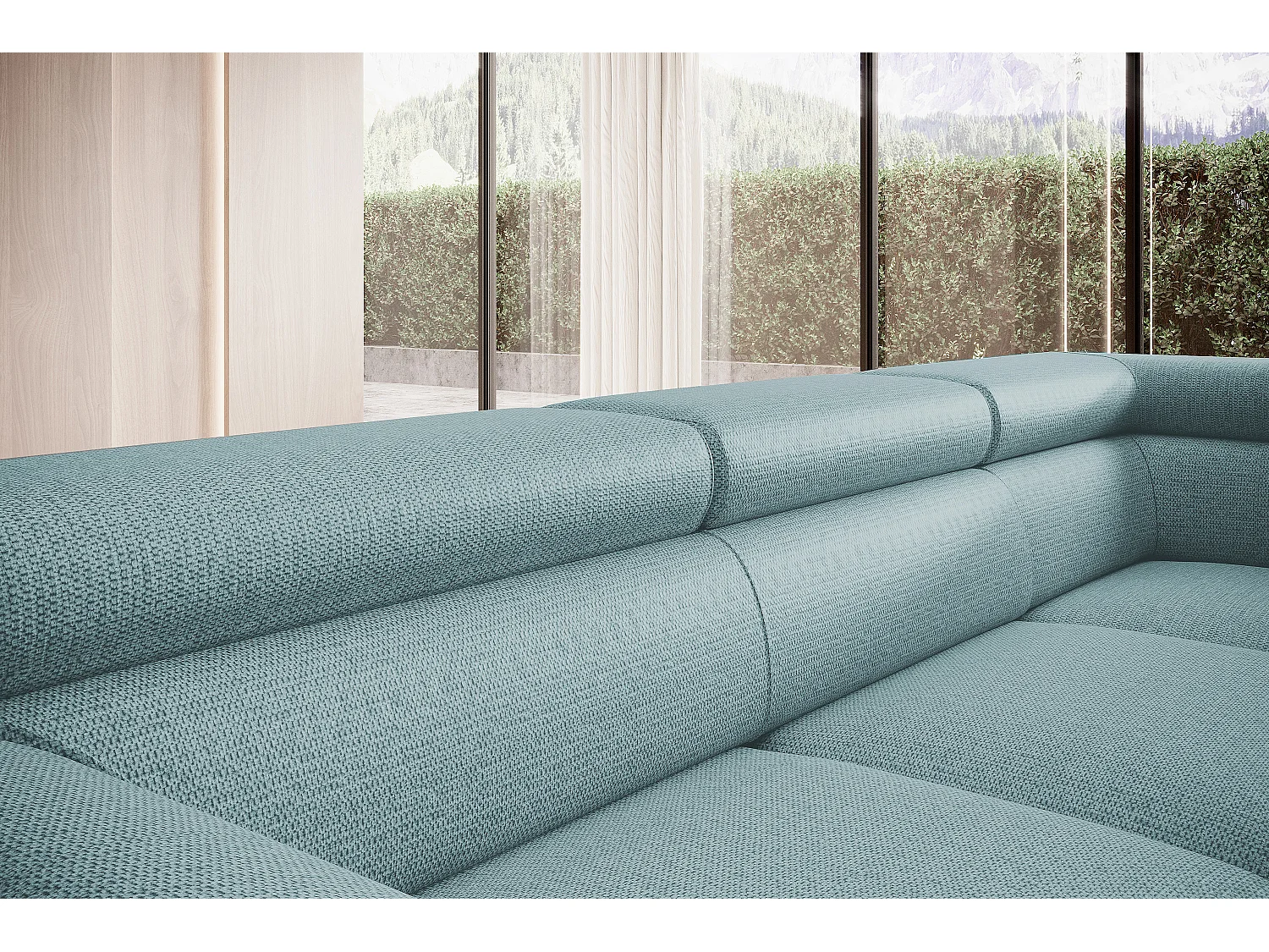 ECKSOFA RAVEN L mit Schlaffunktion und Bettkasten, Freistehend, Polstersofa mit Verstellbaren Kopfstützen, 257x198x96 cm, Linke Seite, Hellblau