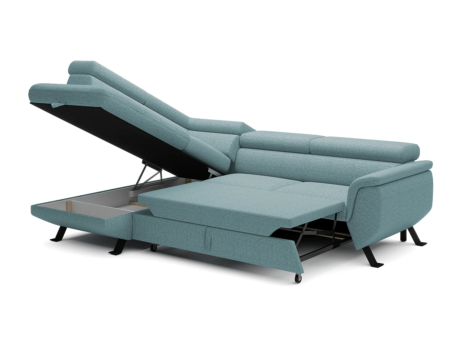 Canapé RAVEN L avec fonction de couchage, compartiment à literie, indépendant, rembourré avec têtières réglables 257x198x96 cm Côté gauche Bleu clair