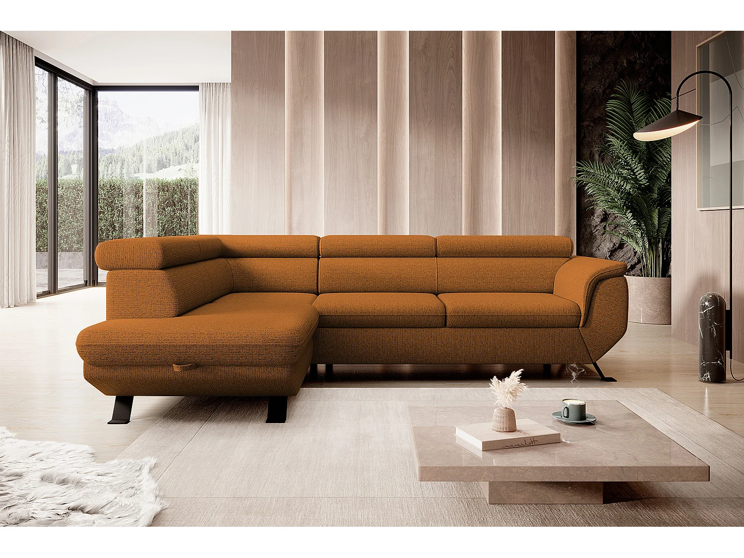 ECKSOFA RAVEN L mit Schlaffunktion und Bettkasten, Freistehend, Polstersofa mit Verstellbaren Kopfstützen, 257x198x96 cm, Linke Seite, Braun