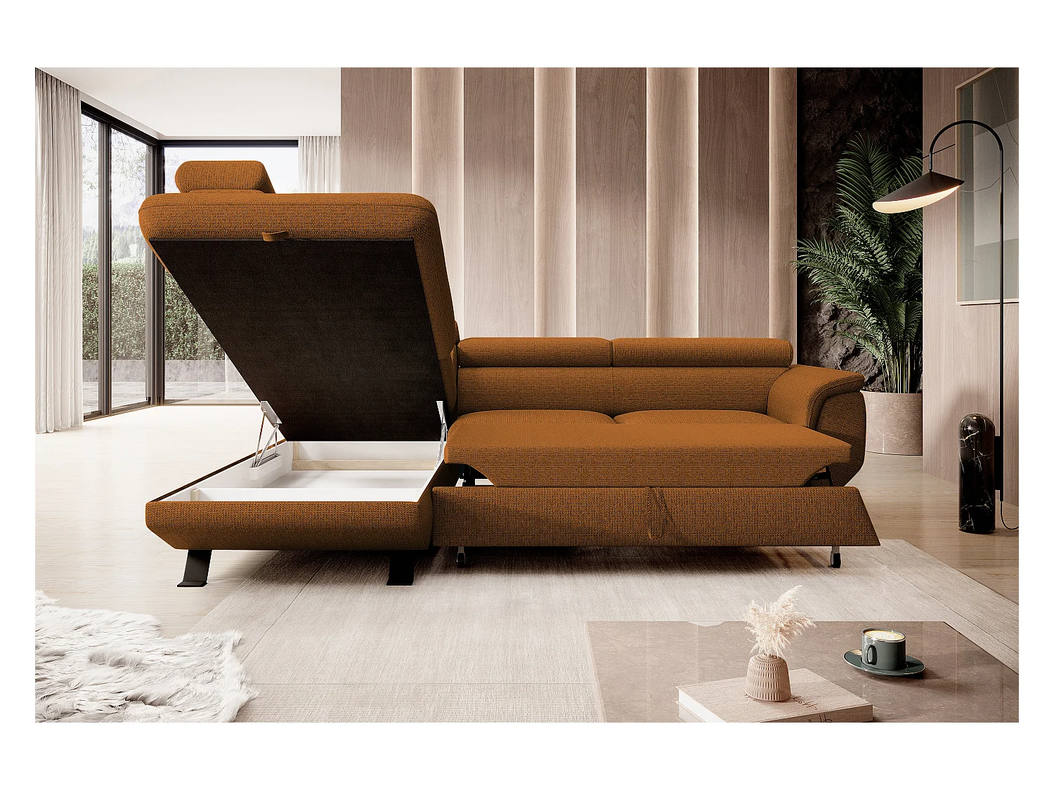 Canapé RAVEN L avec fonction de couchage, compartiment à literie, indépendant, rembourré avec têtières réglables 257x198x96 cm Côté gauche Marron