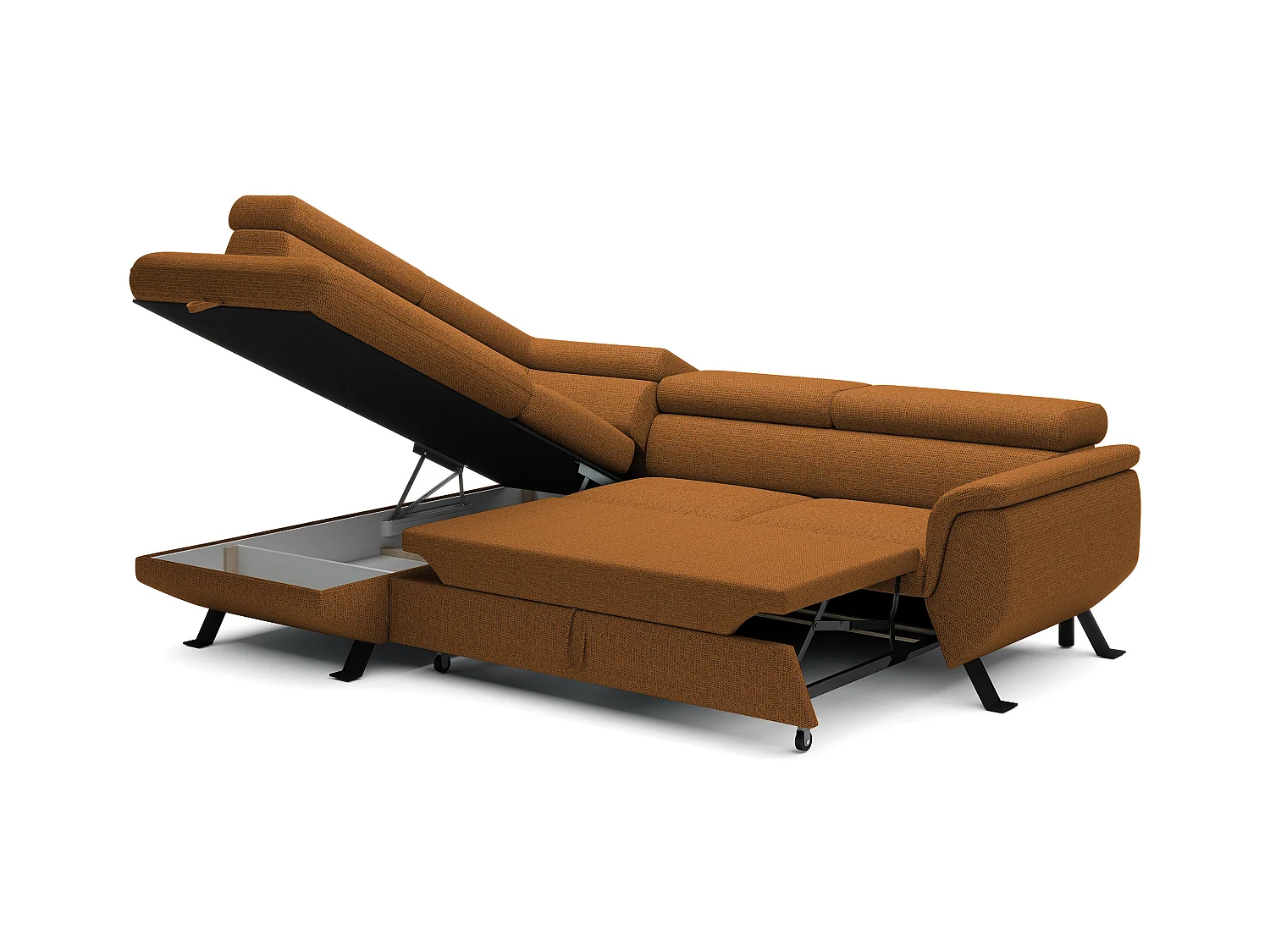 Canapé RAVEN L avec fonction de couchage, compartiment à literie, indépendant, rembourré avec têtières réglables 257x198x96 cm Côté gauche Marron