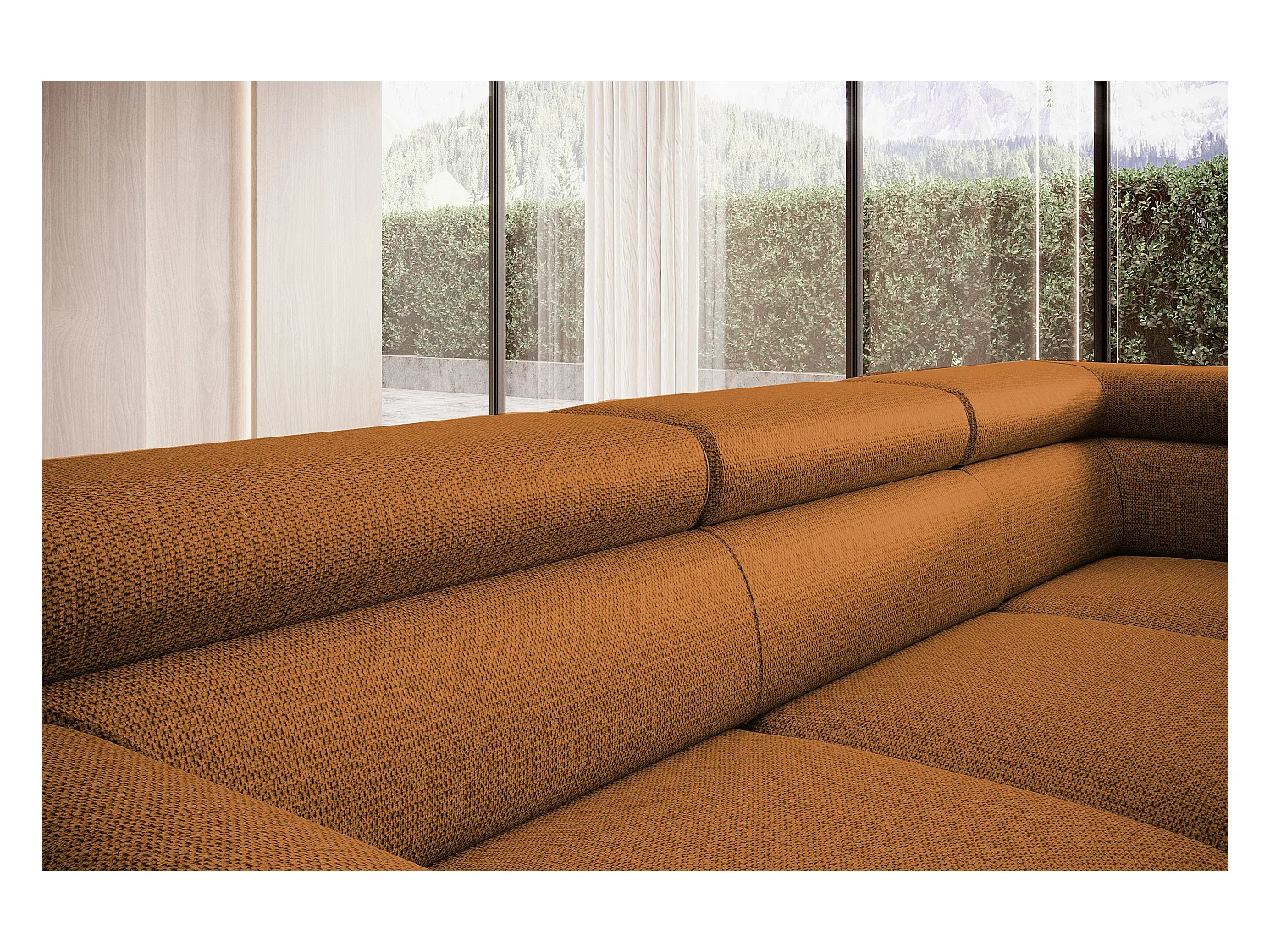 Canapé RAVEN L avec fonction de couchage, compartiment à literie, indépendant, rembourré avec têtières réglables 257x198x96 cm Côté gauche Marron