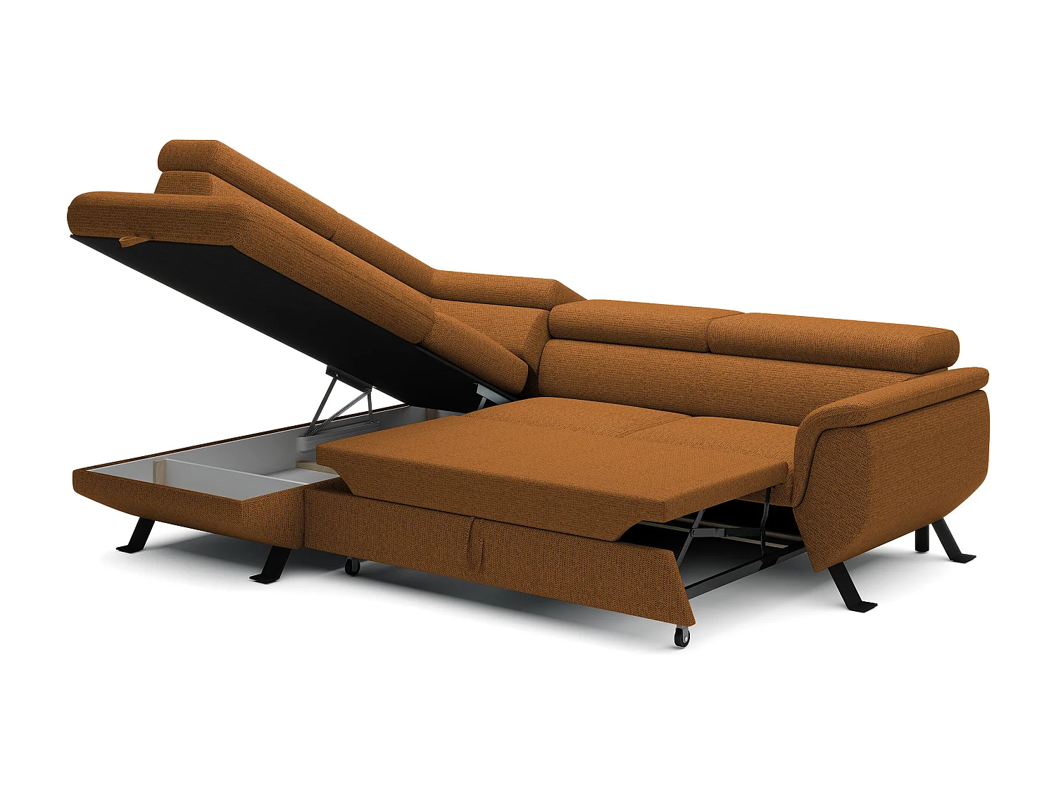 Canapé RAVEN L avec fonction de couchage, compartiment à literie, indépendant, rembourré avec têtières réglables 257x198x96 cm Côté gauche Marron