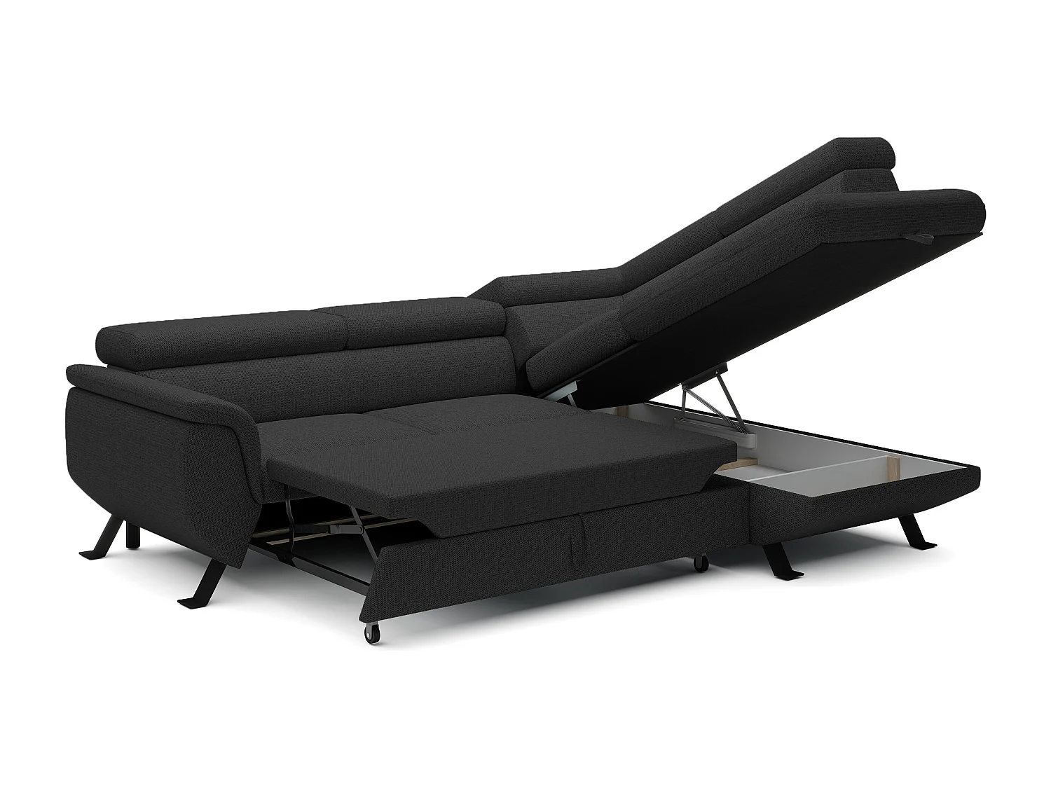 ECKSOFA RAVEN L mit Schlaffunktion und Bettkasten, Freistehend, Polstersofa mit Verstellbaren Kopfstützen, 257x198x96 cm, Rechte Seite, Schwarz