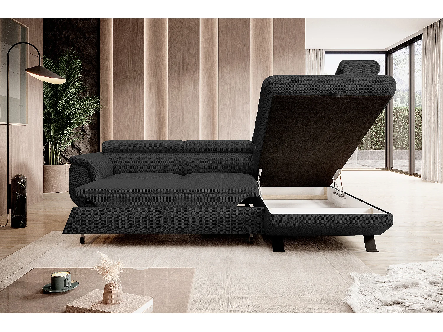 Canapé RAVEN L avec fonction de couchage, compartiment à literie, indépendant, rembourré avec têtières réglables 257x198x96 cm Côté droit Noir