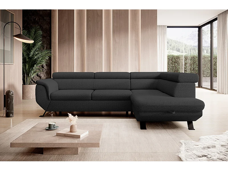 Gestoffeerde hoekbankRAVEN L met bedfunctie, bedruimte separaat, gestoffeerd met verstelbare hoofdsteunen 257x198x96 cm Rechterzijde Zwart