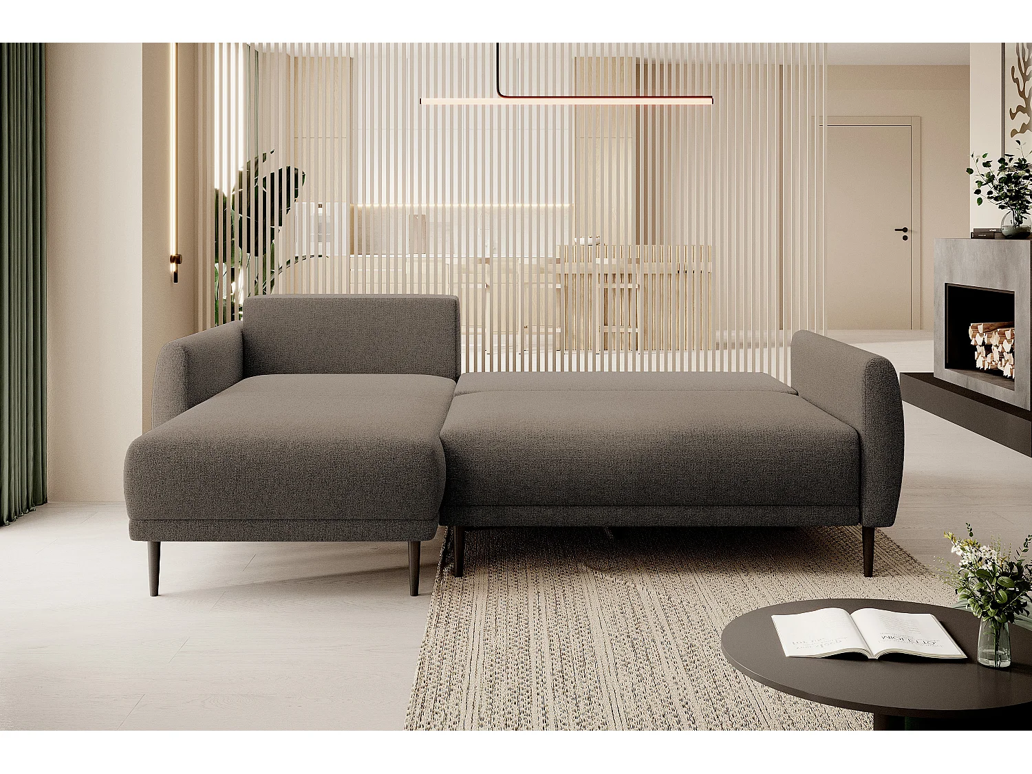 CANAPE BONO Canapé élégant avec fonction sommeil, Pieds en bois robustes, Accoudoirs élégants, Assise profonde 226x164x88cm, Côté gauche Marron clair