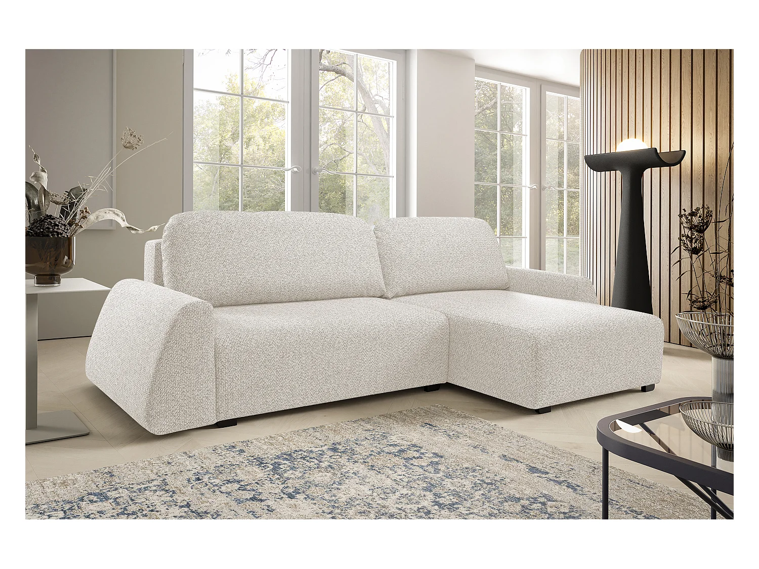 Canapé d'angle ALMI 160x275 cm, couchage, coffre, ressorts, assise confortable, côté droit, blanc