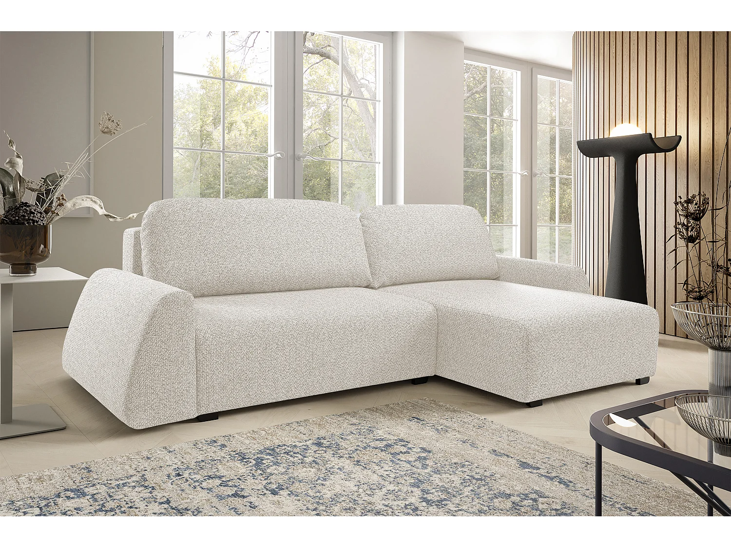 Canapé d'angle ALMI 160x275 cm, couchage, coffre, ressorts, assise confortable, côté droit, blanc