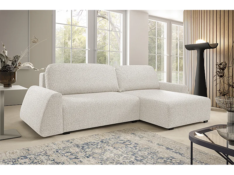 Canapé d'angle ALMI 160x275 cm, couchage, coffre, ressorts, assise confortable, côté droit, blanc