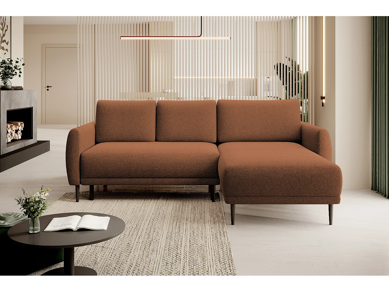 NAROŻNIK BONO Stylowa sofa z funkcją spania, Drewniane nóżki, Eleganckie podłokietniki, Głębokie siedzisko 226x164x88cm, Prawa strona Brązowy