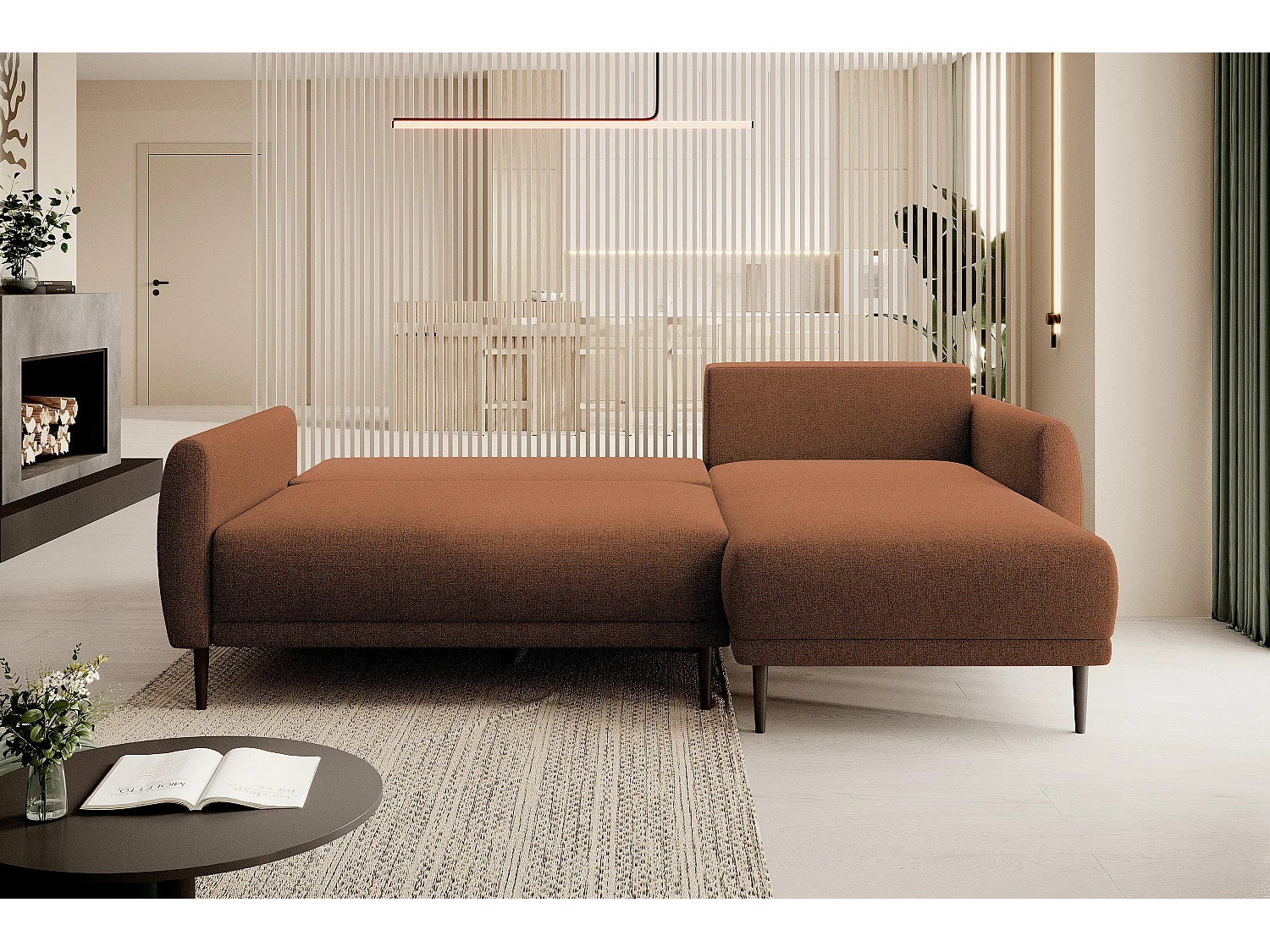 NAROŻNIK BONO Stylowa sofa z funkcją spania, Drewniane nóżki, Eleganckie podłokietniki, Głębokie siedzisko 226x164x88cm, Prawa strona Brązowy
