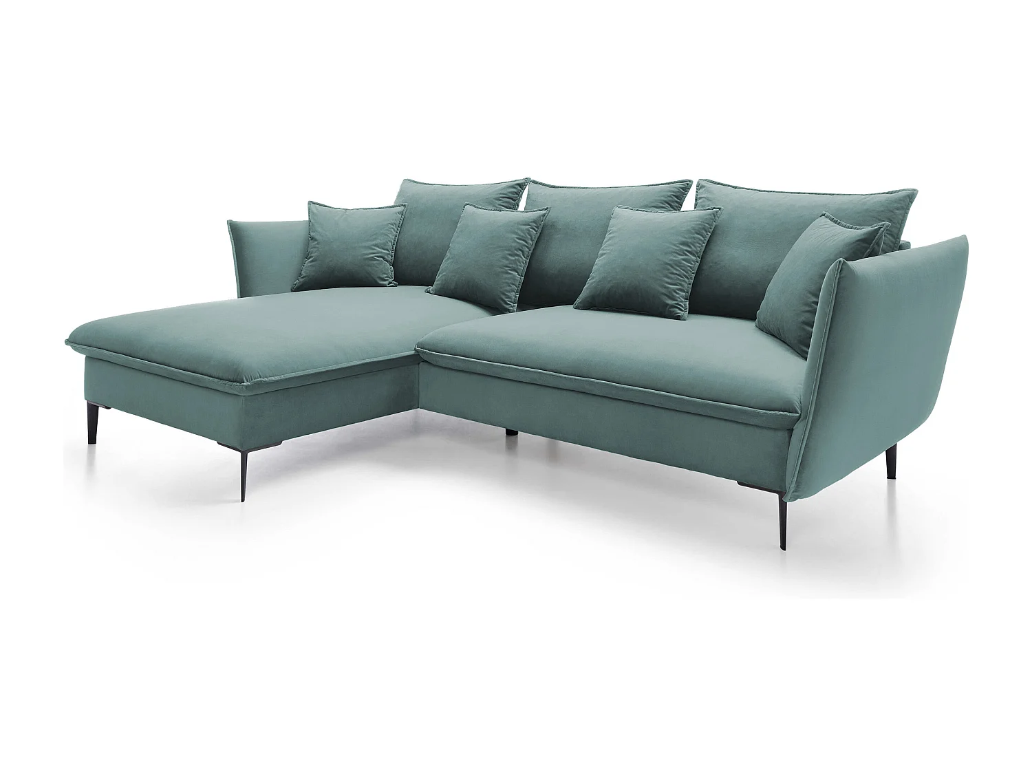 Canapé d'angle GLOSS convertible, ottomane & pieds dorés – canapé en velours style GLOSSour avec coussins déco, 258x167x91 cm, côté gauche BLEU