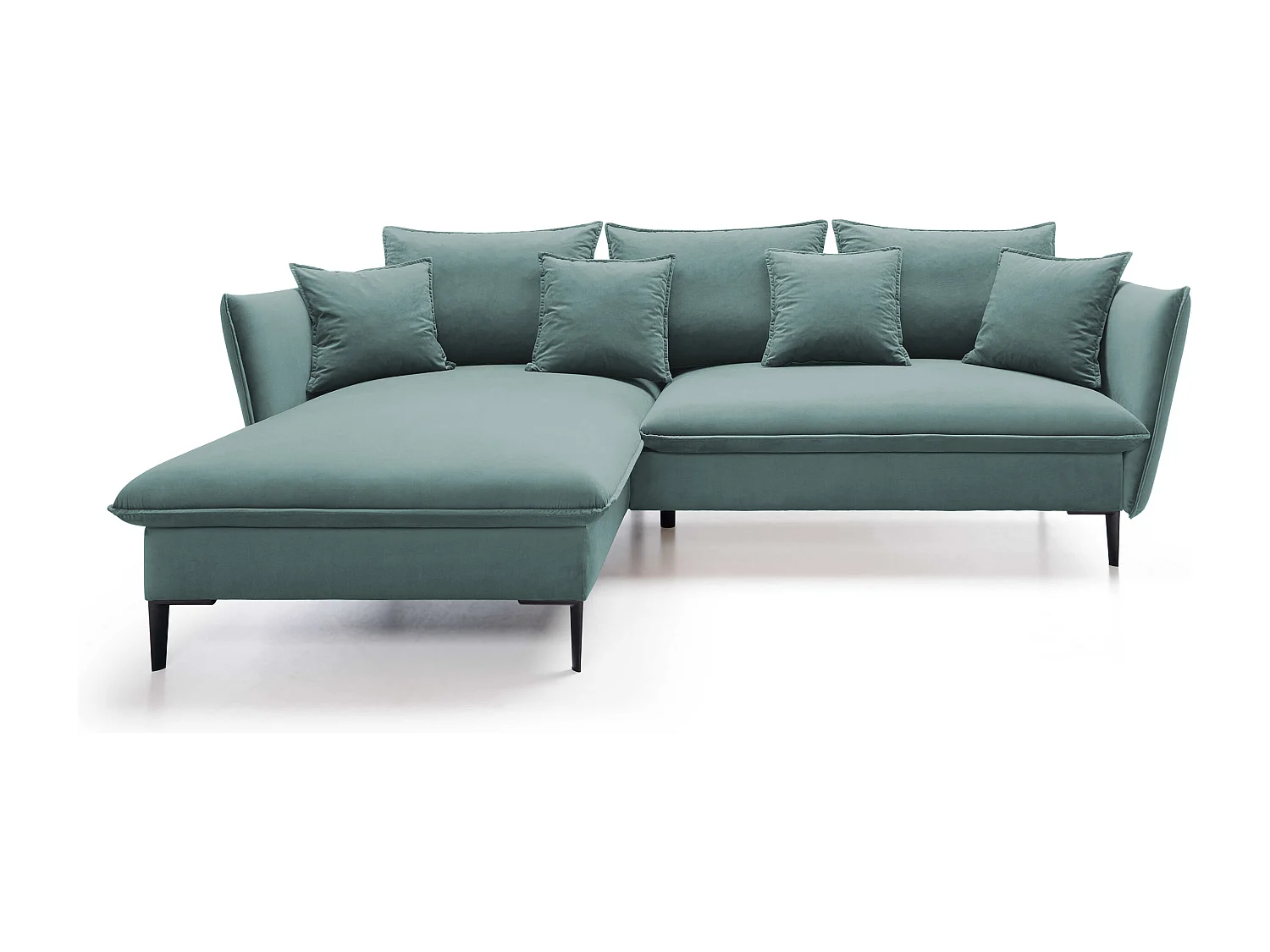 Canapé d'angle GLOSS convertible, ottomane & pieds dorés – canapé en velours style GLOSSour avec coussins déco, 258x167x91 cm, côté gauche BLEU