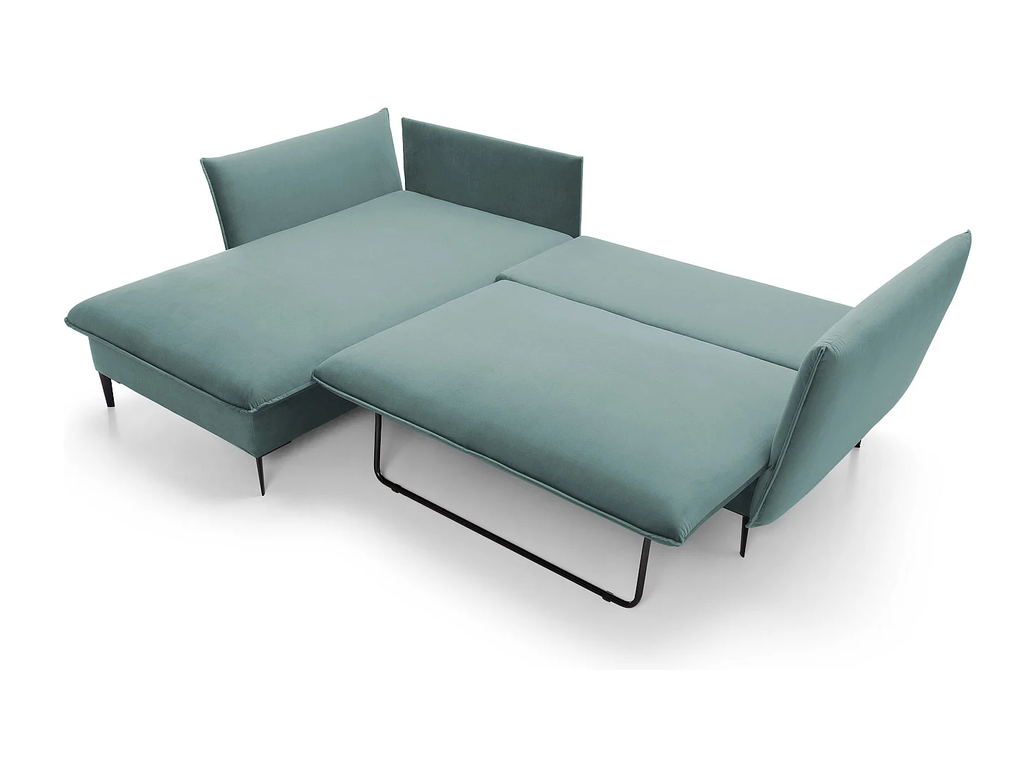 Canapé d'angle GLOSS convertible, ottomane & pieds dorés – canapé en velours style GLOSSour avec coussins déco, 258x167x91 cm, côté gauche BLEU