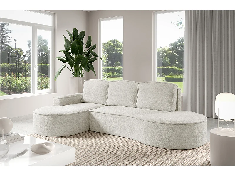 Canapé d'angle MOLLY avec couchage - Design arrondi, autoportant, 140x207 cm, 3 coussins, tissu Abriamo, 277x157x88 cm, côté gauche blanc