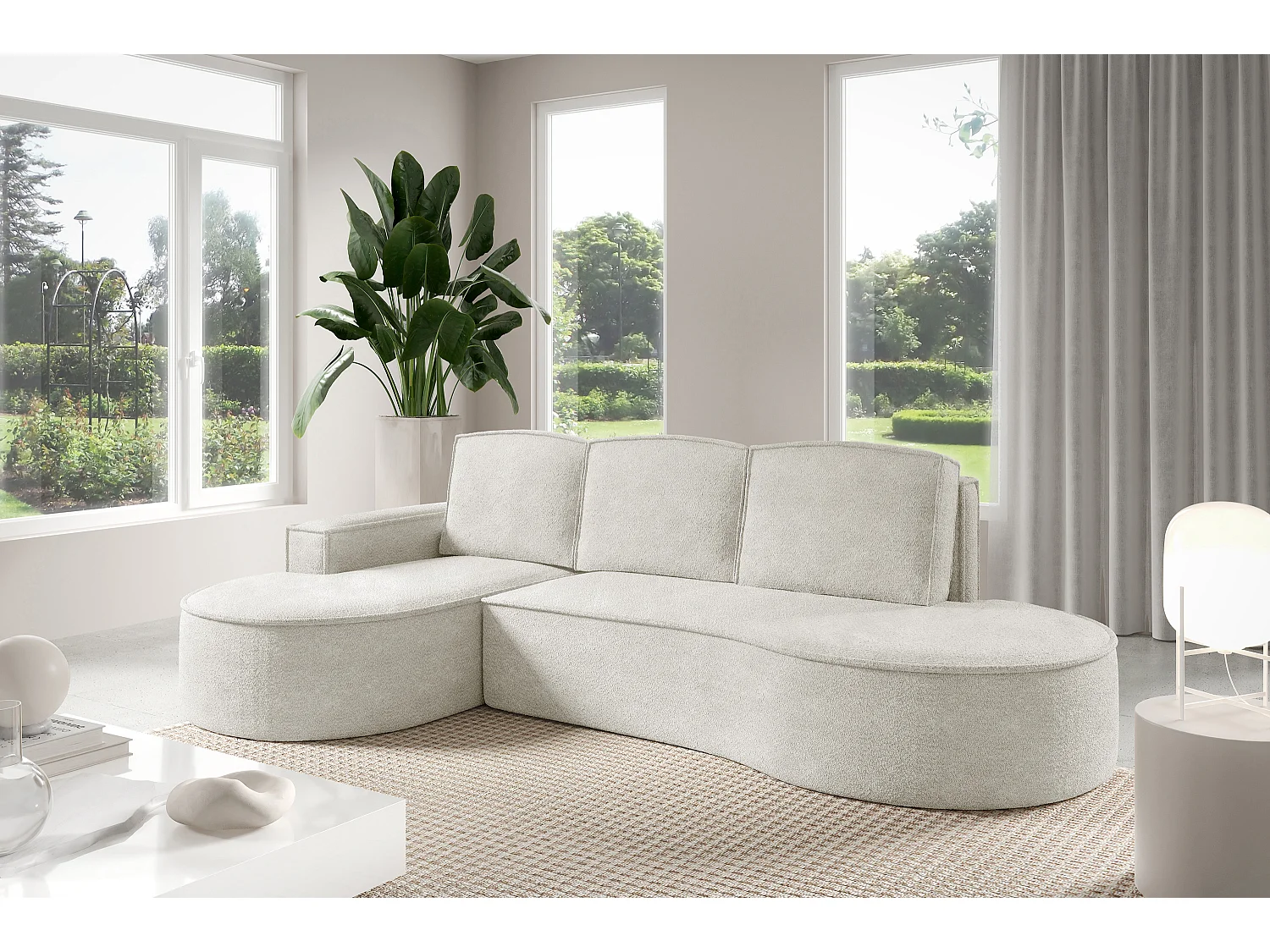 Hoekbank MOLLY met Slaapfunctie – Halfrond, Vrijstaand, Slaapoppervlak 140x207cm, 3 Grote Kussens, Abriamo Stof, 277x157x88cm, Links Wit