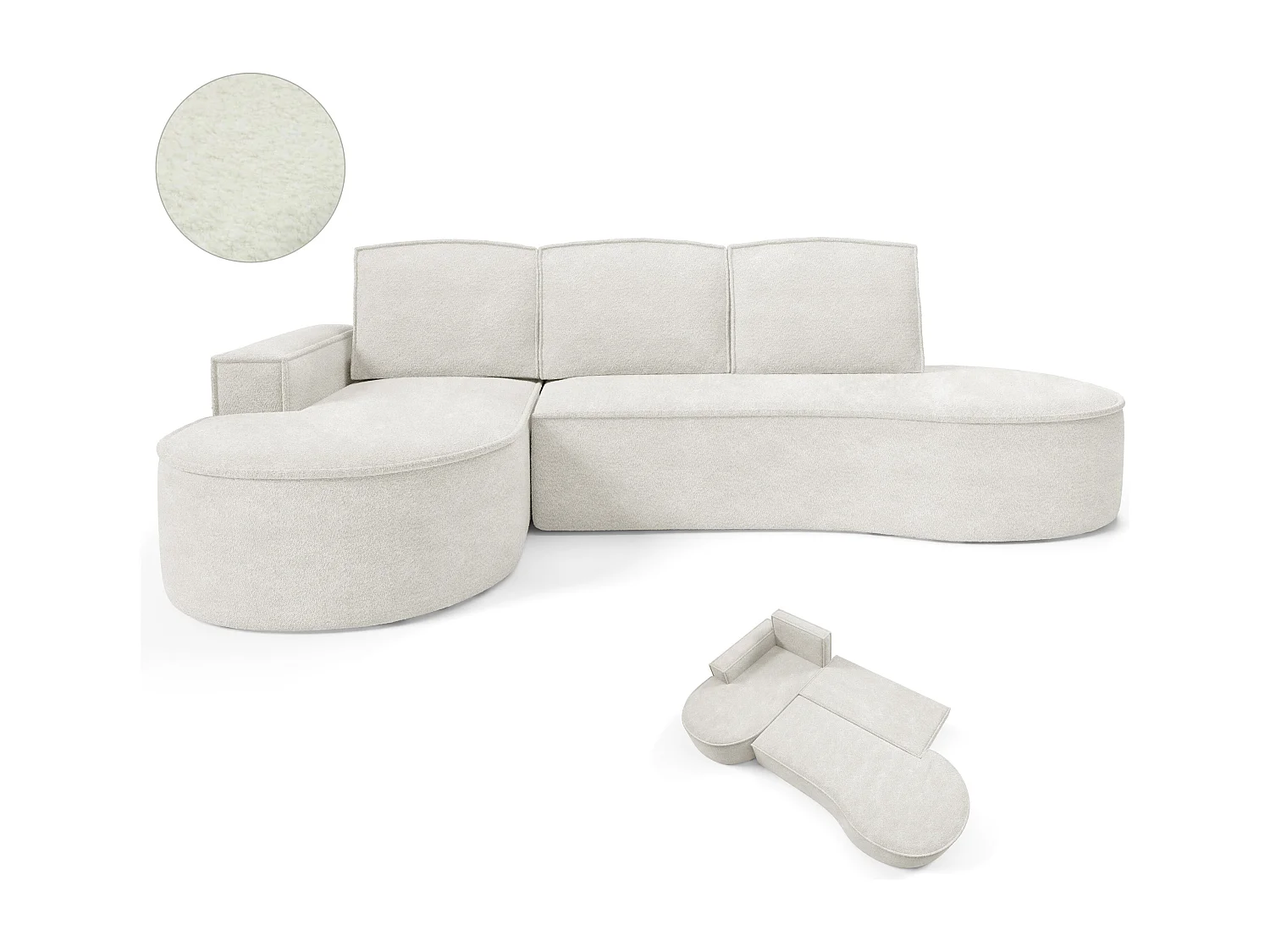 Canapé d'angle MOLLY avec couchage - Design arrondi, autoportant, 140x207 cm, 3 coussins, tissu Abriamo, 277x157x88 cm, côté gauche blanc