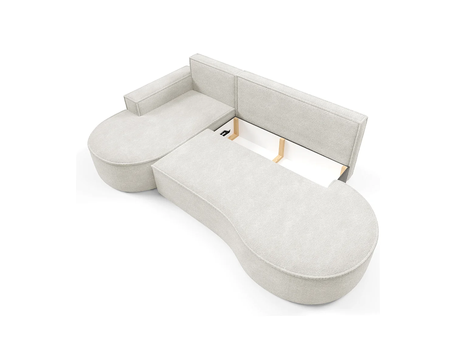 Canapé d'angle MOLLY avec couchage - Design arrondi, autoportant, 140x207 cm, 3 coussins, tissu Abriamo, 277x157x88 cm, côté gauche blanc