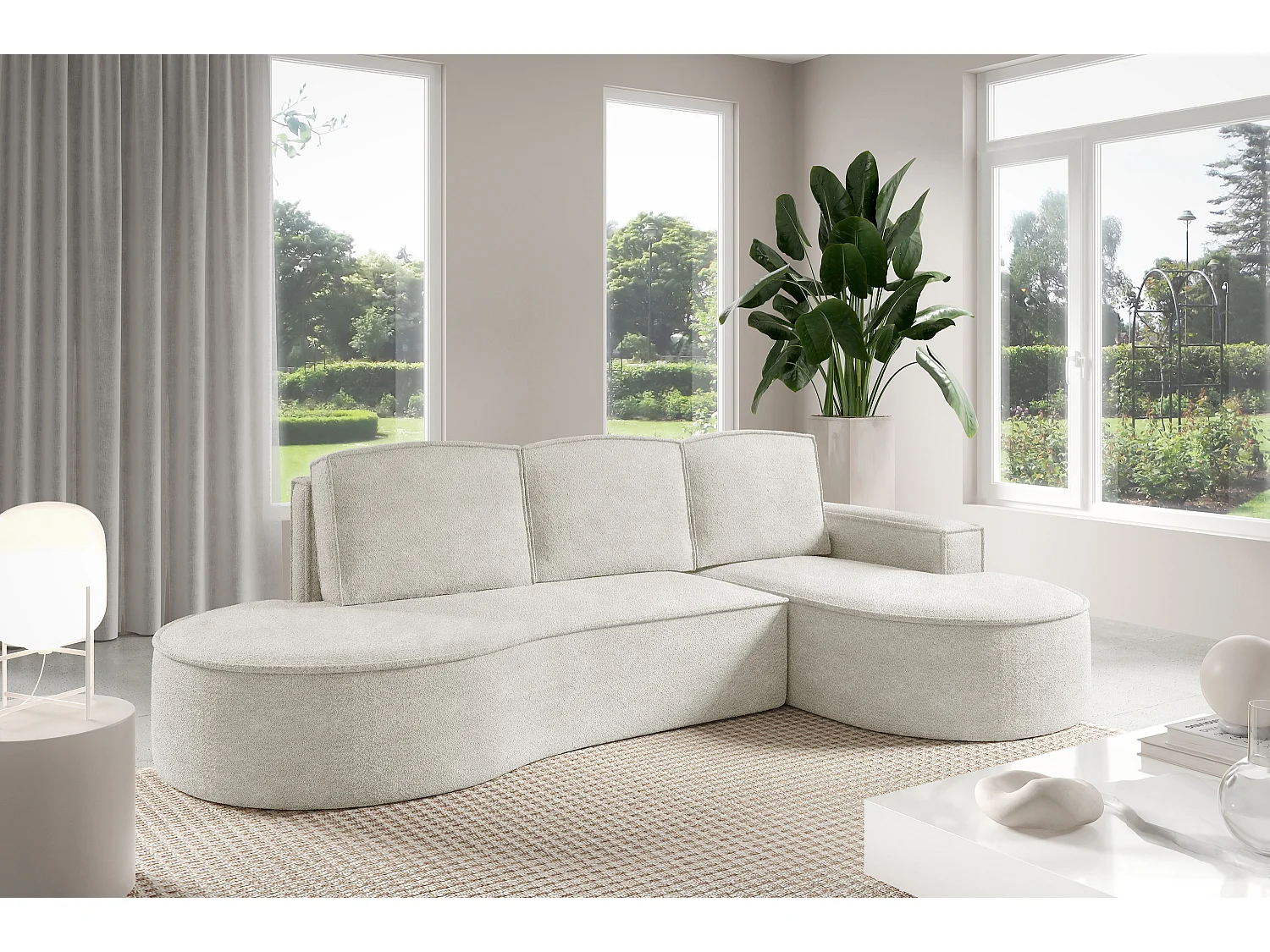 Canapé d'angle MOLLY avec couchage - Design arrondi, autoportant, 140x207 cm, 3 coussins, tissu Curio, 277x157x88 cm, côté droit blanc