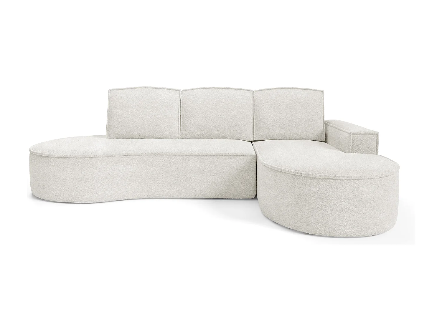 Canapé d'angle MOLLY avec couchage - Design arrondi, autoportant, 140x207 cm, 3 coussins, tissu Curio, 277x157x88 cm, côté droit blanc
